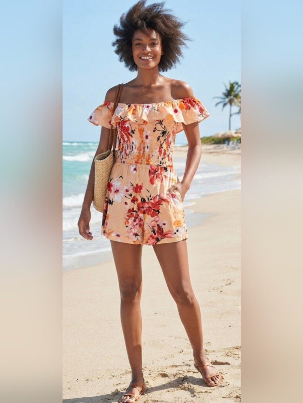 Times Two 2-Piece Matching Coord Set Size M Floral Off-Shoulder Ruffle Summer